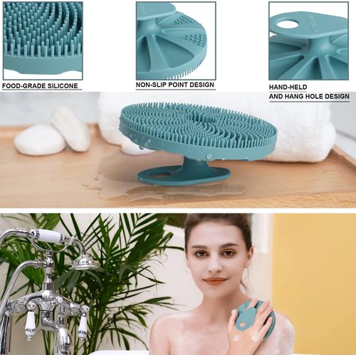 INNERNEED Food-Grade Silicone Body Scrubber Exfoliating & Massaging Shower Brush, More Hygienic Bathing Tool, for All Skin Types, Lathers Well, Longer Service Life (Dark Green+Pink)