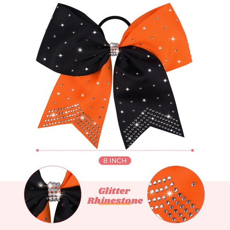 DEEKA 10 PCS Rhinestones Two Toned Large Cheer Hair Bows 7" Glitter Cheer Ponytail Holder Handmade for Teen Girls Softball Cheerleader Sports -Orange/Black
