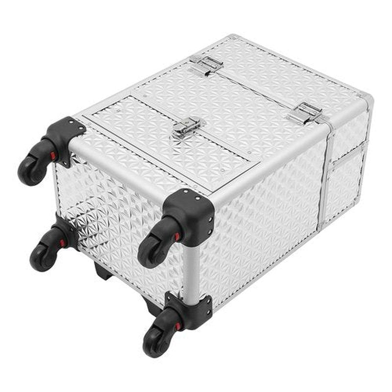 Rolling Makeup Train Case Cosmetic Box Portable Makeup Case Organizer with 7 Compartments and a Drawer Makeup Storage with Lock for Cosmetologist Aesthetic Supplies Traveling Makeup Box, Sliver