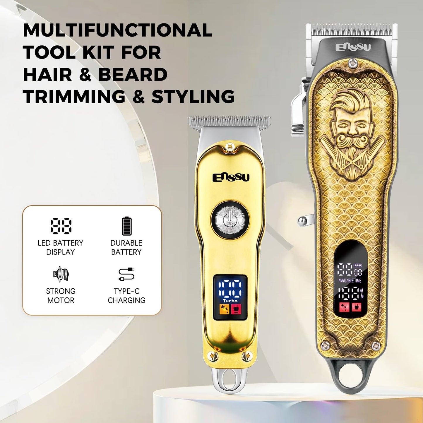 ENSSU Professional Hair Clippers for Men, Cordless Barber Clippers and Trimmers Set, Men's Hair Clippers for Hair Cutting with LED Display, Men's Grooming Kit