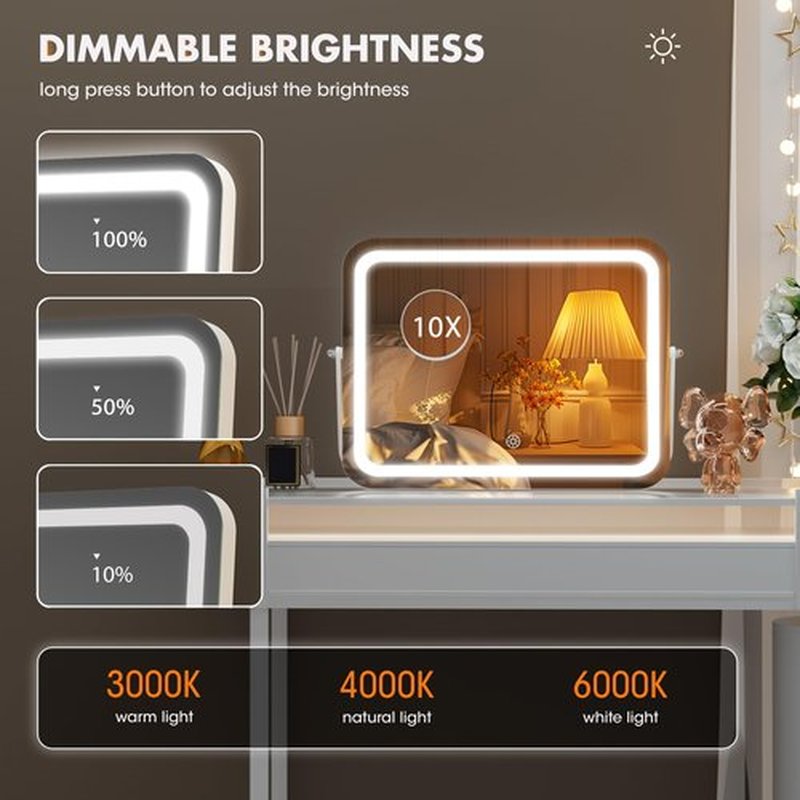 Hasipu Vanity Mirror with Lights, 20" x 16" LED Makeup Mirror, 3 Modes Light, Smart Touch Control Dimmable, 360ยฐRotation, Rectangle White Frame, with 5X Magnifying Glass