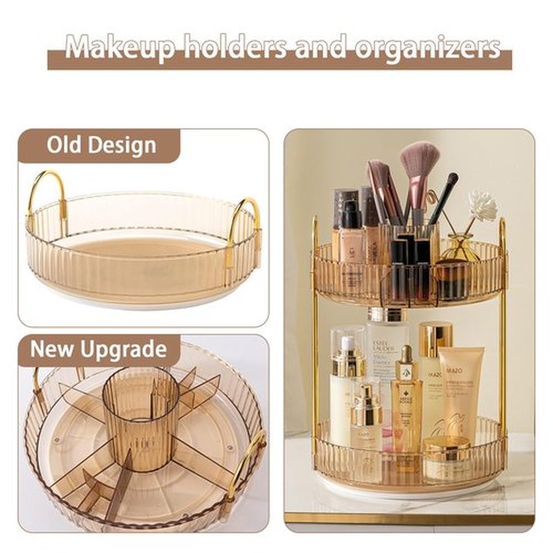 shuang qing 360° Rotating Makeup Organizer, High-Capacity Bathroom Countertop Vanity Organizers, 2 Tier Spinning Skincare Storage, for Perfume/Cosmetic/Makeup Brushes/Lotion(Gold)