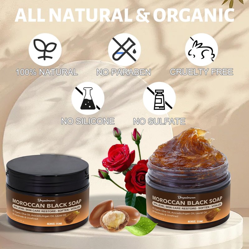 2 PCS Moroccan Black Soap with Argan and Rose Oil, SPA Level Handmade Black Beldi Soap Exfoliating and Softening, Natural and Organic for Face, Body, Hair and Shave, Rose Scent, 5.29 oz/150 g