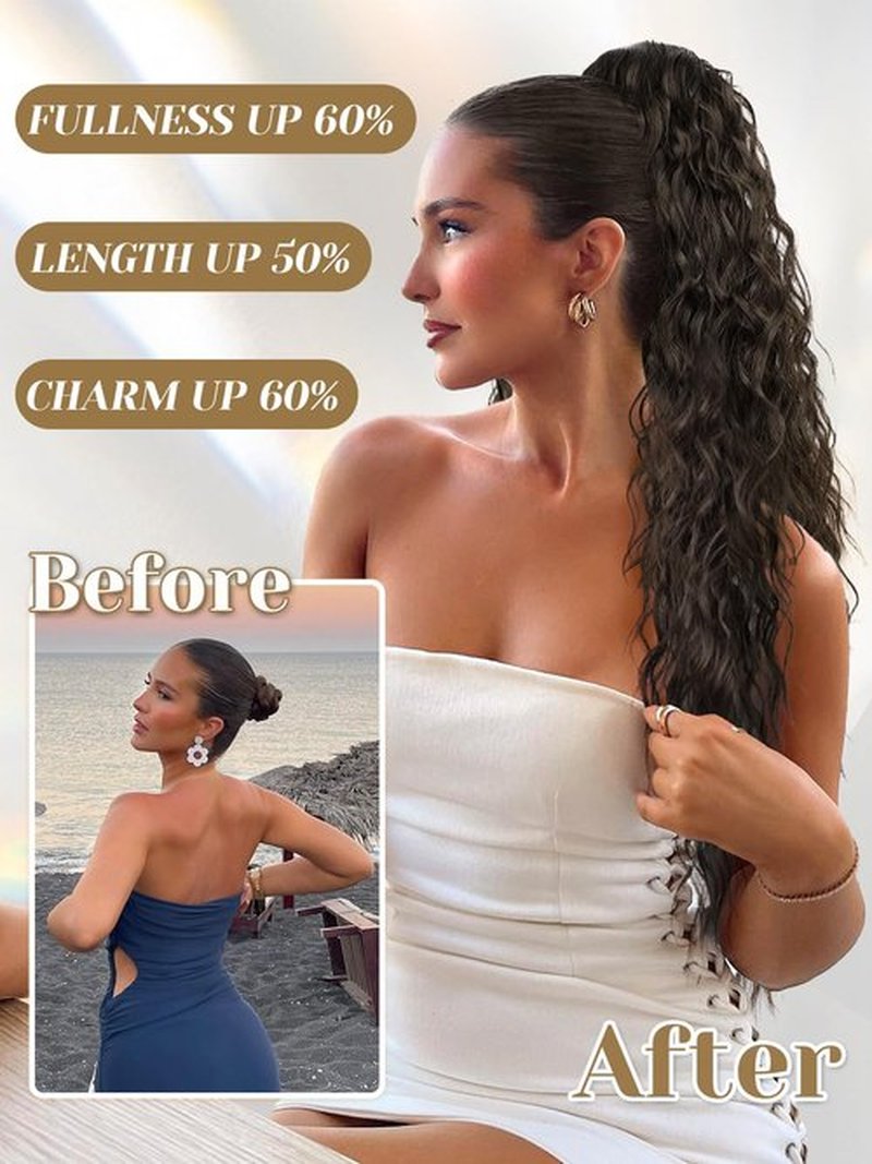 KooKaStyle Ponytail Extensions, 30" Drawstring Ponytail Clip in Long Wavy Ponytail Synthetic Curly Hairpieces for Women and Girls (30 Inch, Black)