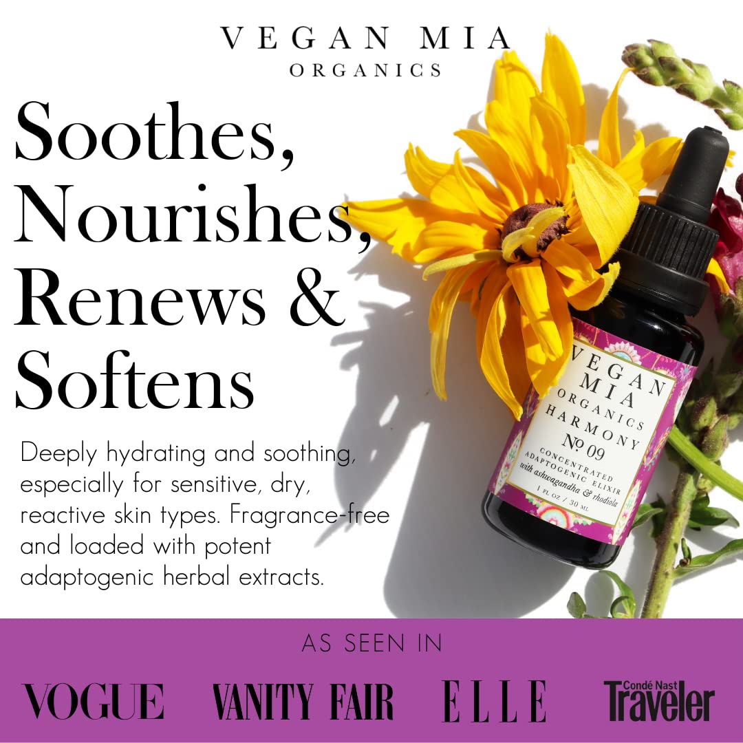 Vegan Mia - USDA Organic Harmony Adaptogen Elixir Face Oil - Face Moisturizer For Dry Skin, Blemishes, Redness & Fragrance Sensitivities - with Licorice, Ashwagandha, Rhodiola Root & More - 0.5 fl oz