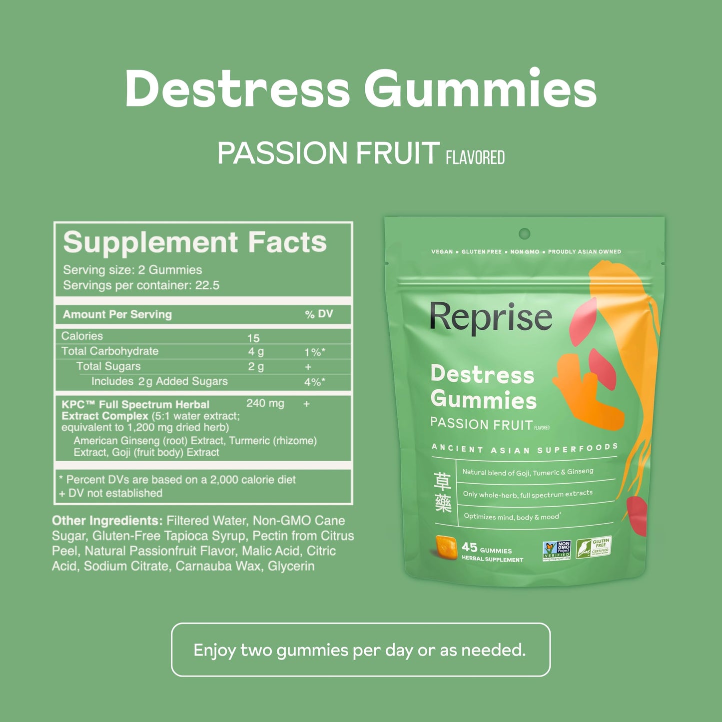 De-Stress Gummies with American Ginseng, Turmeric, and Goji - Assist with Stress Relief & Mood Boost, All-Natural Relaxation, Low-Sugar, 45 Vegan Gummies, Passion Fruit (Pack of 1)