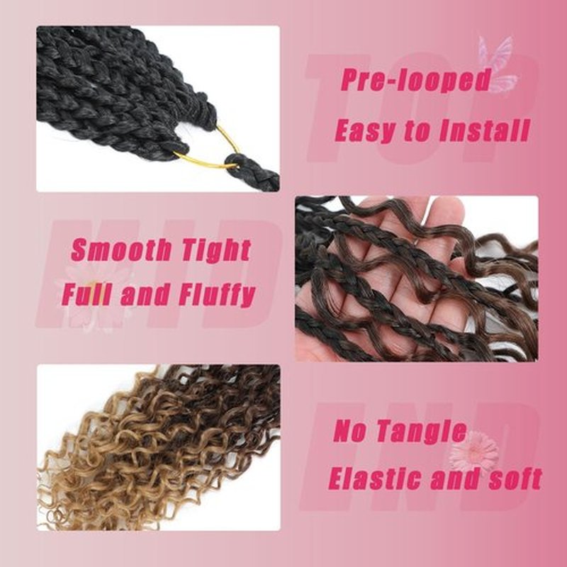 Goddess Box Braids Crochet Hair 14Inch 8Packs Pre Looped Boho Box Braids Braiding Hair Curly Ends Bohomian Crochet Box Braids (1B/30/27#, 14 inch)