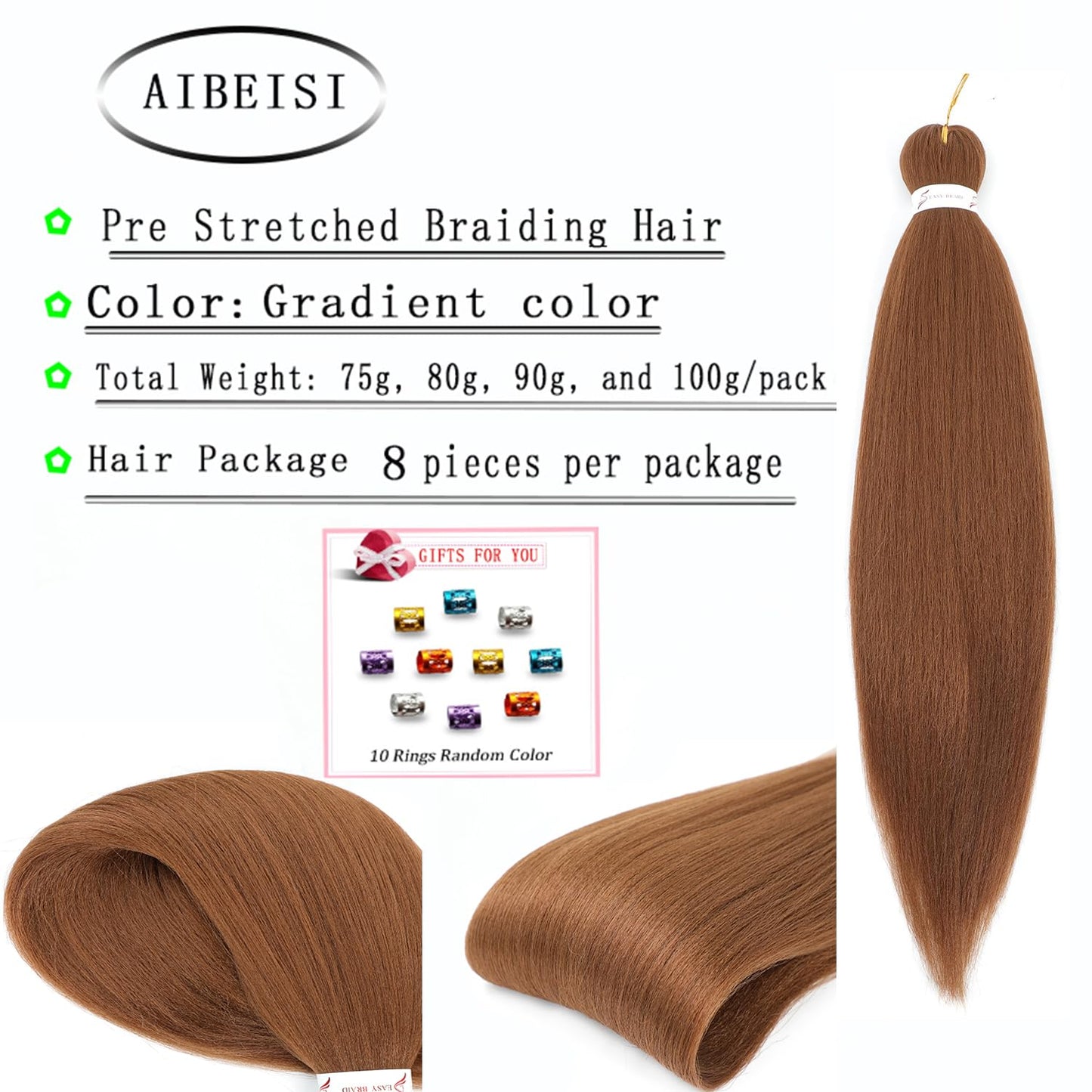 AIBEISI Braiding Hair Honey Blonde Pre Stretched Braiding Hair 8 Packs 28 Inch Mixed Colored Two Tone Synthetic Braiding Hair For Human Braids Yaki Straight, For Women For Hot Water Setting 27#