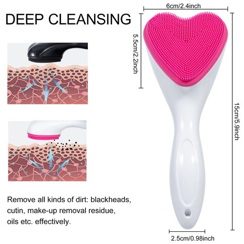Beomeen Silicone Face Scrubber Exfoliating Brush 2 Pack, Manual Handheld Facial Cleansing Brush Blackhead Scrubber, Soft Bristles Waterproof for Face Skincare (Black Hot-Pink,Heart)