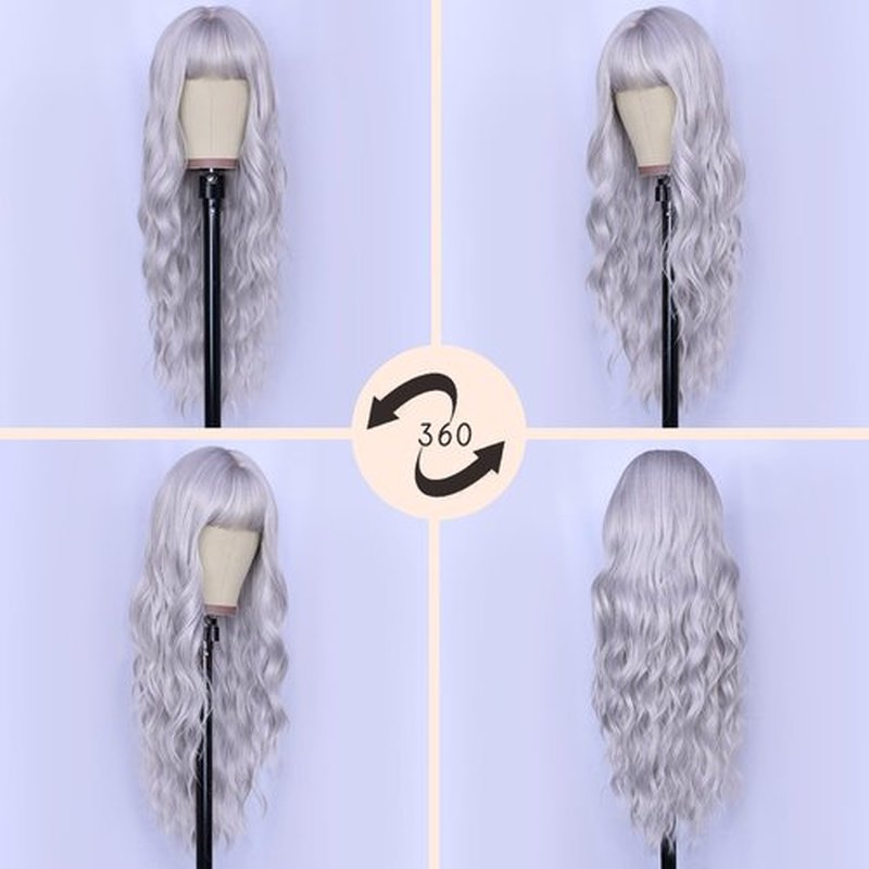 NAYOO Gray Wigs with Bangs for Women Long Curly Wavy Hair Wigs Heat Resistant Synthetic Fiber Wigs for Daily Party Use 26 Inches (Silver Gray)