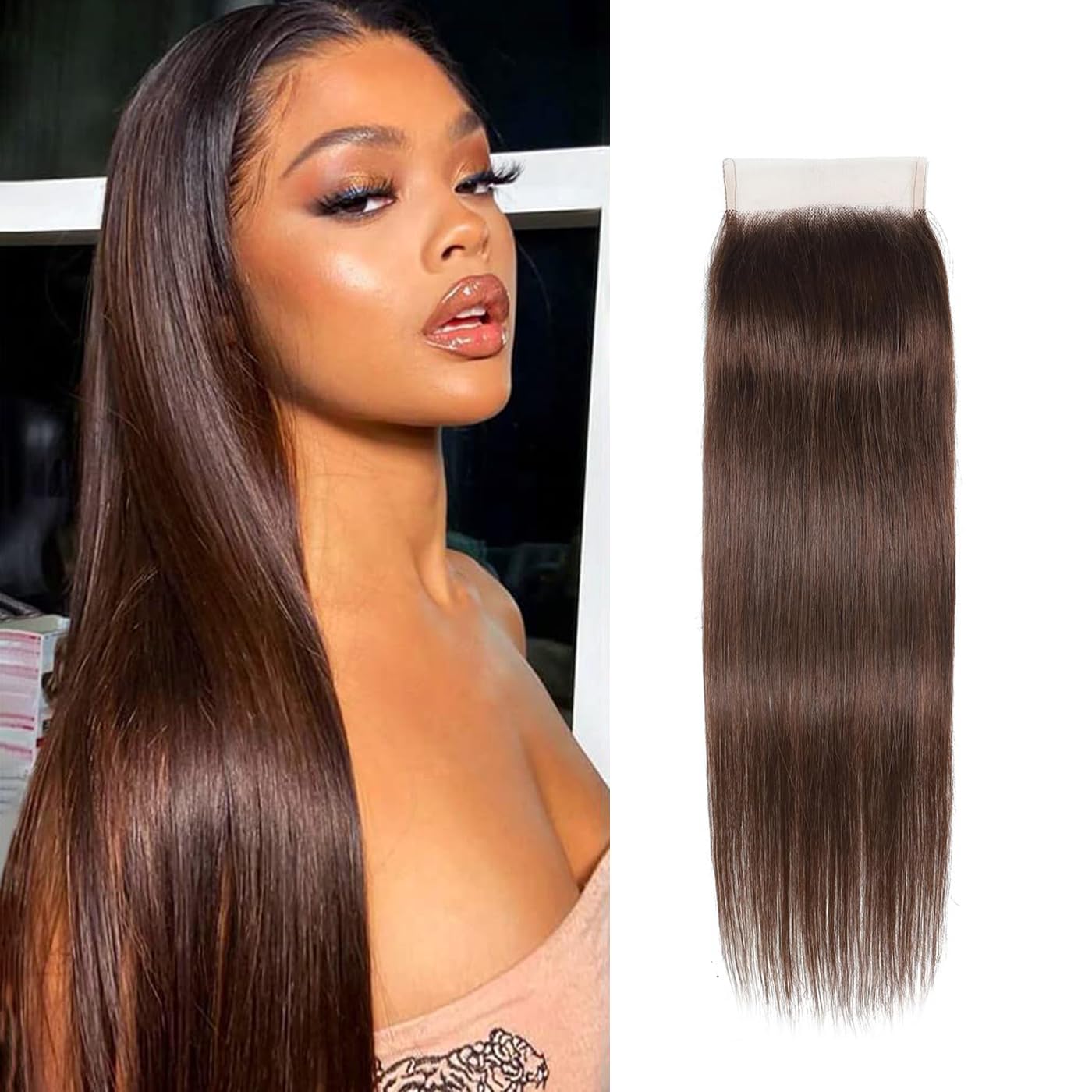 Chocolate Brown 4# Closure 4x4 Free Part Straight Wave Closure Brazilian Human Hair Extensions Preplucked Bleached Knots Sew In Weave Closure For Women Wet And Wavy 8 Inch