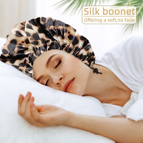 Satin Bonnet Silk Bonnet for Curly Hair Bonnet Braid Bonnet for Sleeping Bonnets for Women Large Double-Layer Adjustable(Leopard)