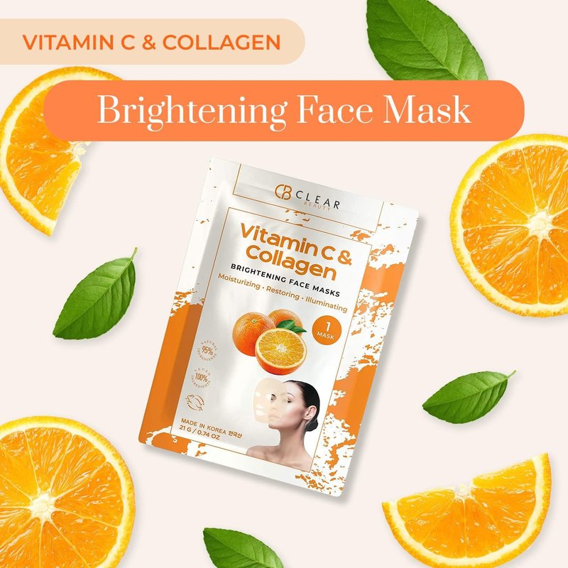 Clear Beauty Vitamin C & Collagen Face Mask - Dermatologist Tested - Diminishes Fine Lines & Wrinkles, Anti-Aging, Natural Ingredients, Cruelty-Free Korean Skin Care - All Skin Types