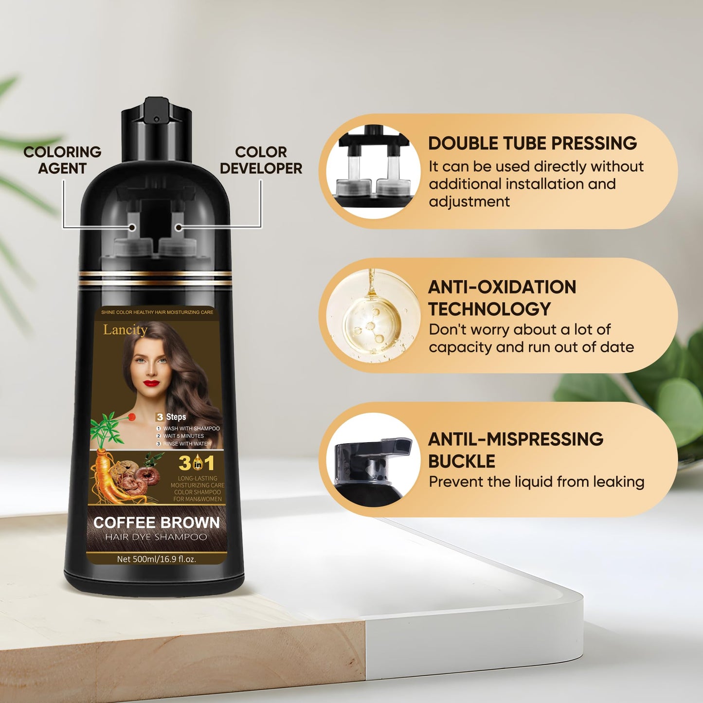Lancity Hair dye shampoo 3 in1 Instant Coloring Shampoo, 100% Gray Coverage for Men & Women, Herbal Ingredients, Fast Color Shampoo (Coffee Brown)