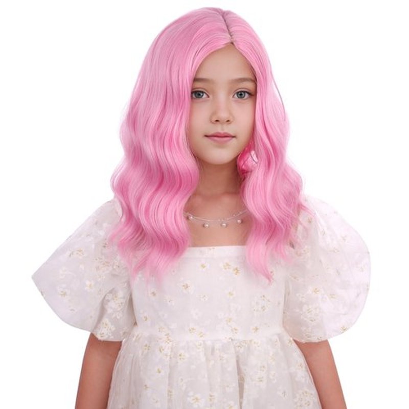 DUDUWIG Girls Light Pink Wig Kids Short Pink Wavy Curly Wigs Children Pink Side Part Wig Synthetic Cosplay Hair Wig