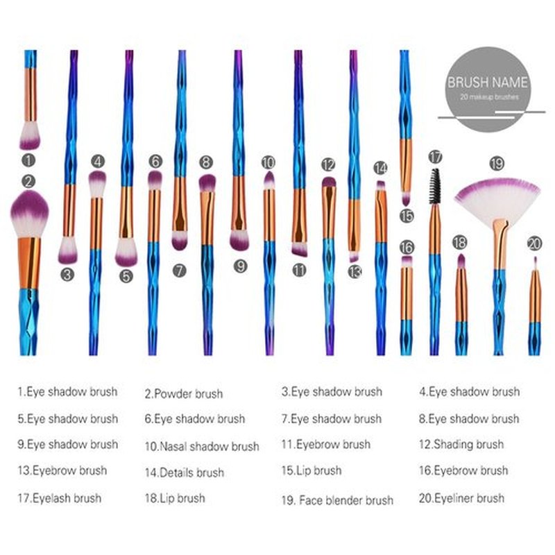 KOLIGHT 20pcs Cosmetic Makeup Brushes Set Eyeshadow Lip Brush for Beautiful Female (transparent glitter)