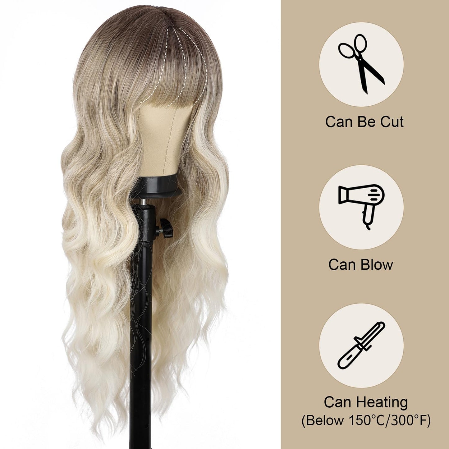 BOGSEA Ombre Ash Blonde Wigs with Bangs Blonde Long Wig for Women Ash Blonde Wavy Wigs Synthetic Heat Resistant Fiber Wigs for Daily Party 26 Inch