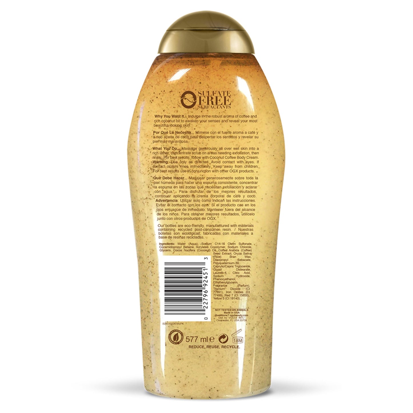 OGX Smoothing + Coconut Coffee Exfoliating Body Scrub with Arabica Coffee & Coconut Oil, Moisturizing Body Wash for Dry Skin, Paraben-Free with Sulfate-Free Surfactants, 19.5 Fl Oz (pack of 3)