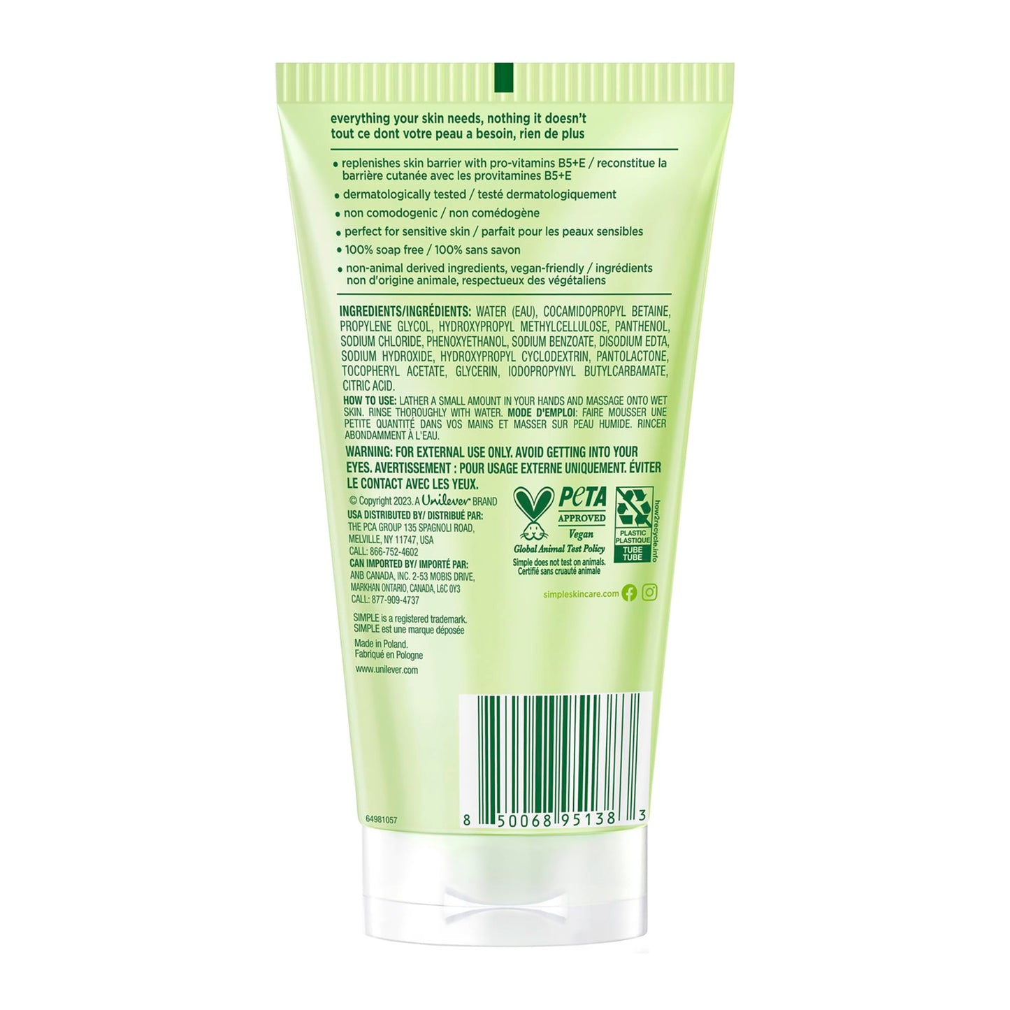 Simple Kind To Skin Refreshing Face Wash - Facial Cleanser with Vitamin B5 and E - Strengthens and Smooths Skin - Vegan, No Harsh Chemicals - 2 pc