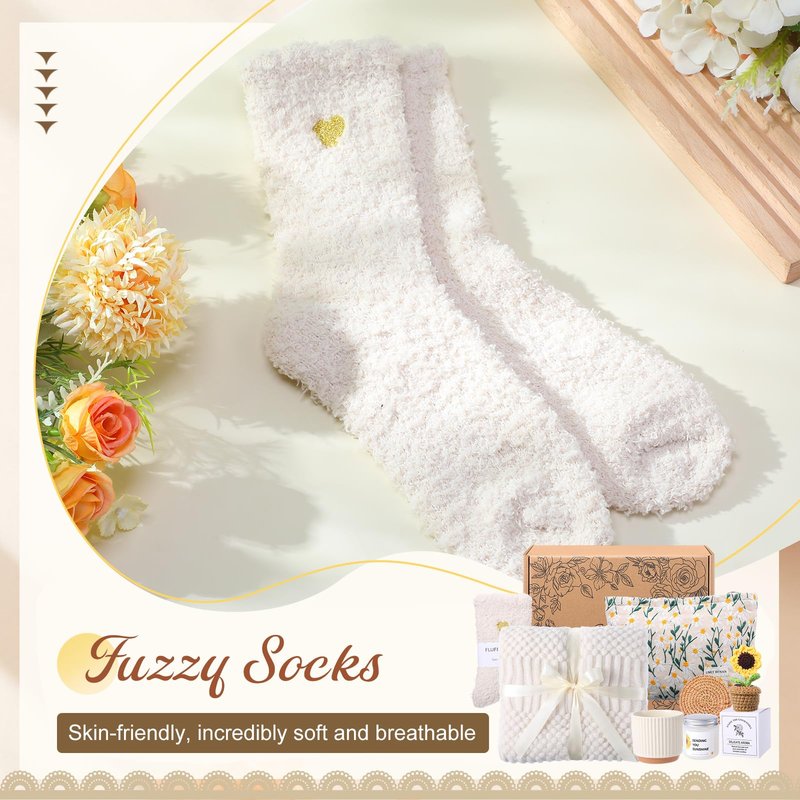 LemonRoad Birthday Gifts for Women, Self Care Gift Basket with Cozy Knit Blanket, Mug, Candle, Socks, Sunflower Decor & Cosmetic Bag, Blanket Gift Set Care Package for Mom Wife Girlfriend Friend