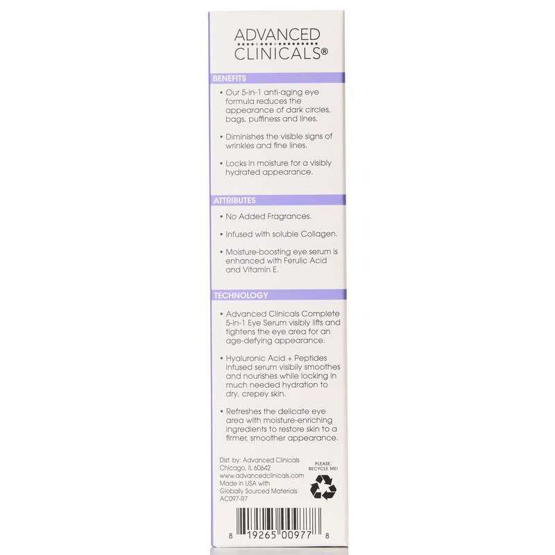 Advanced Clinicals 5-in-1 Eye Serum - Anti-Aging Under Eye Treatment for Dark Circles & Puffiness | 2 Fl Oz