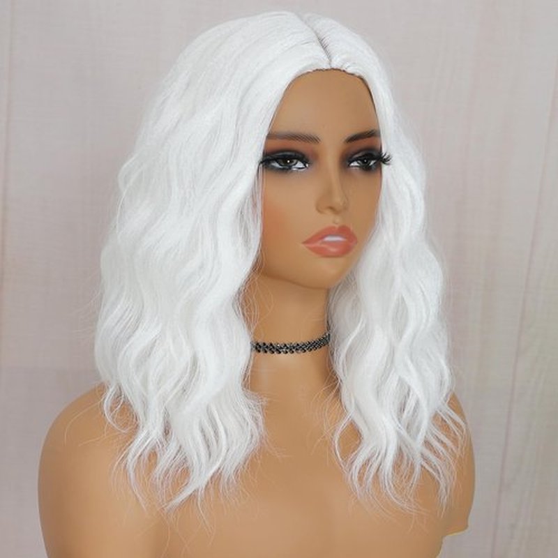 BEAUTIFA White Wig for Women, Wavy Curly White Bob Wigs Middle Part 14 Inch Shoulder Length Heat Resistant Synthetic Colorful Wig