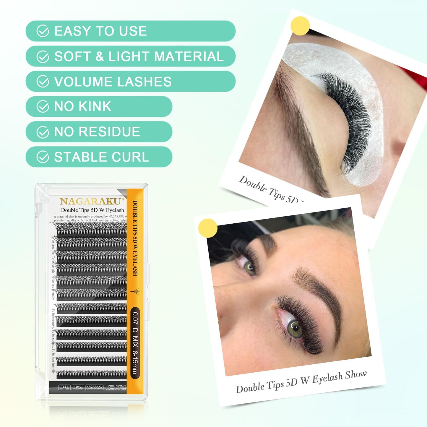 NAGARAKU Double Tips 5D W Eyelash Extensions Supplies Thick W Lash Extensions Premade Fans Russian Volume Faux Mink Matte 12 rows Cluster pre Fanned Eye yy Lashes 0.07mm D (8-15mm) Mix