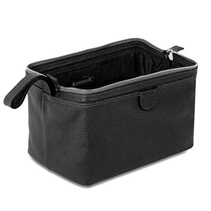 KomalC Large Premium Leather toiletry bag for Men and Women, travel utility Dopp kit wash bag (Black)