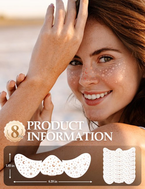 Glitter Freckles face Tattoo 8 Count Rose Gold Makeup Patches, Waterproof Faux Freckles for Women Temporary Face Freckles Must-Have for Music Party Makeup