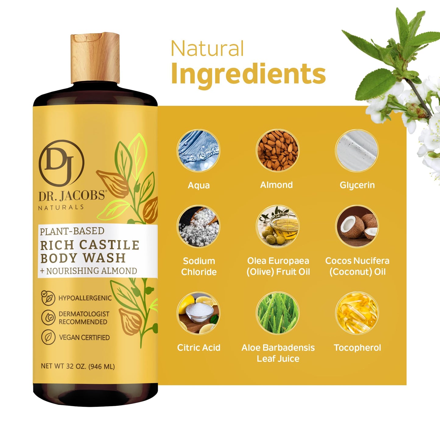 DR. JACOBS NATURALS Castile Almond All-Natural Body Wash for Moisturizing Dry and Sensitive Skin Shampoo with Plant-Based Ingredients Gluten, Preservatives-Free Formula - 16 oz, Pack of 2