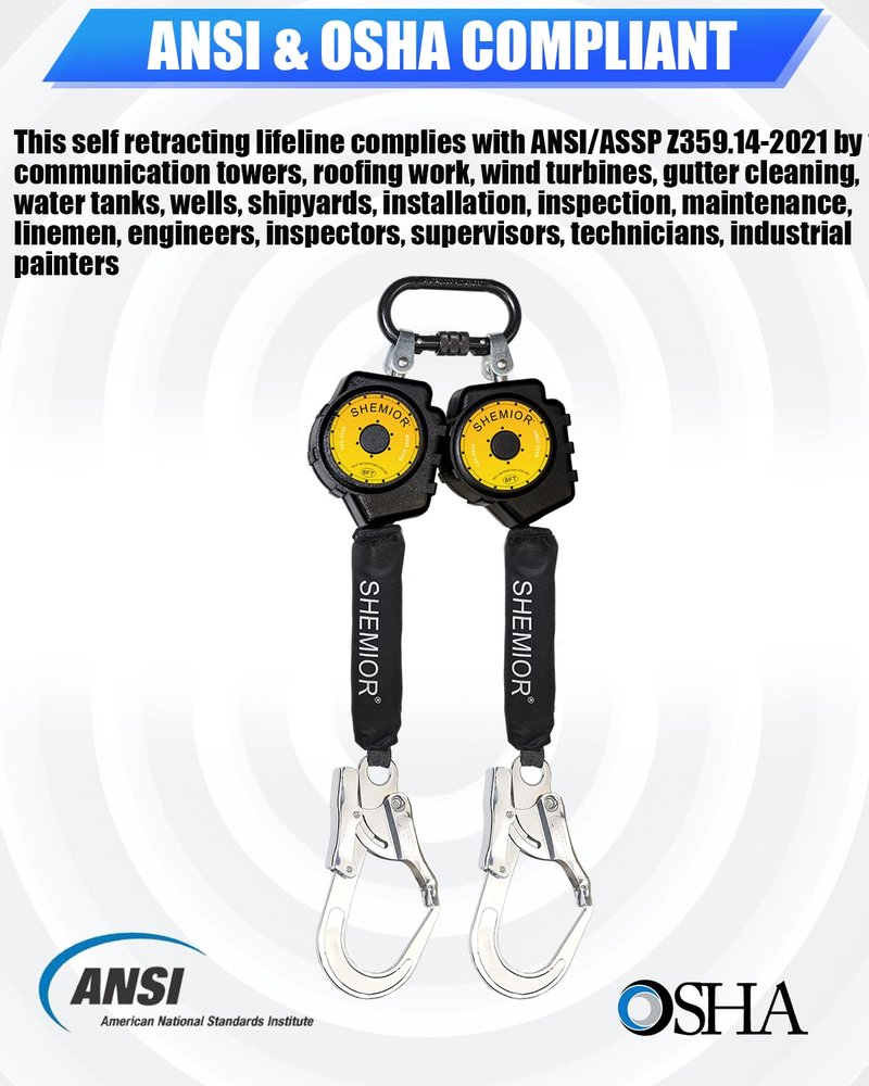 SHEMIOR 6FT Twin-Leg Self Retracting Lifeline, Swivel Top Lightweight Housing, Web SRL ANSI Self Retractable Safety Lanyard, Fall Arrest Protection Gear for Roofing Construction, Rebar Hook