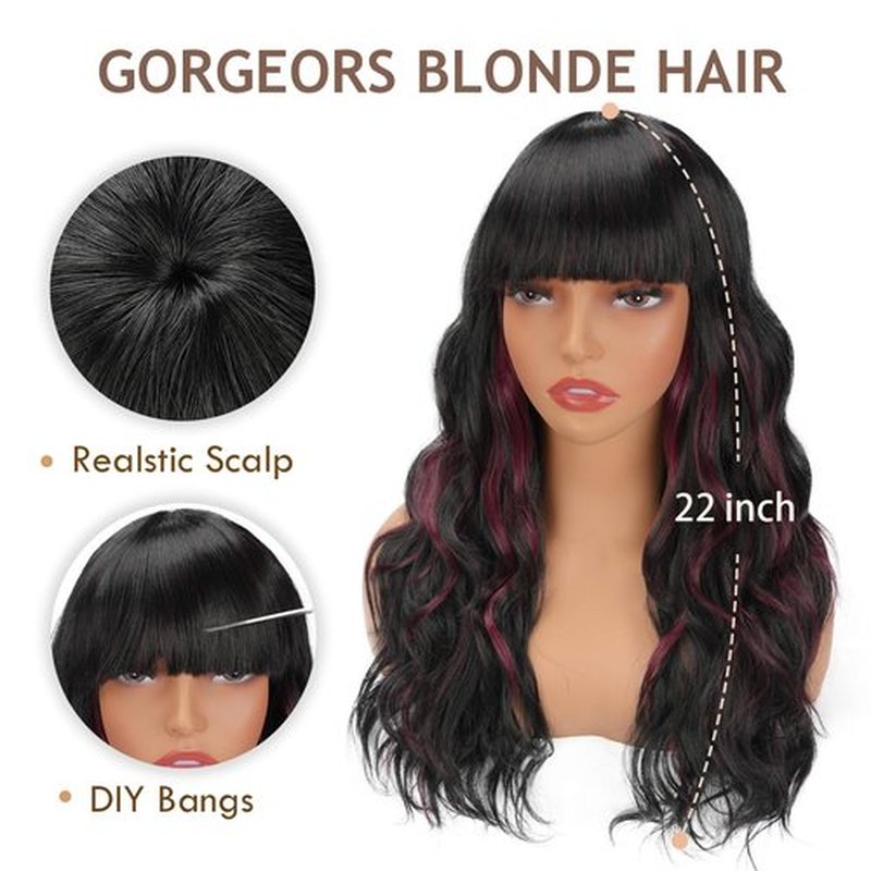 BESSY HAIR Black Wig with Burgundy Highlight Wig with Bangs Long Wavy Wigs for Women 22 Inch Wavy Curly Synthetic Wig Daily Party Cosplay Use