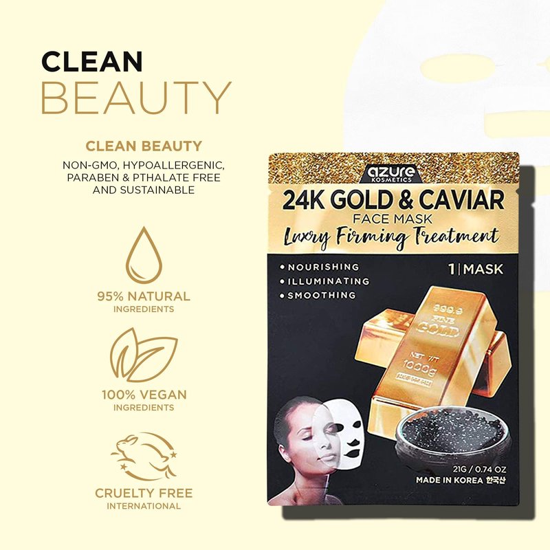AZURE 24K Gold and Caviar Anti Aging Luxury Face Mask - Hydrating & Firming Facial Mask - Helps Reduce Wrinkles & Fine Lines - With Hyaluronic Acid & Collagen - Skin Care Made in Korea - 10 Pack
