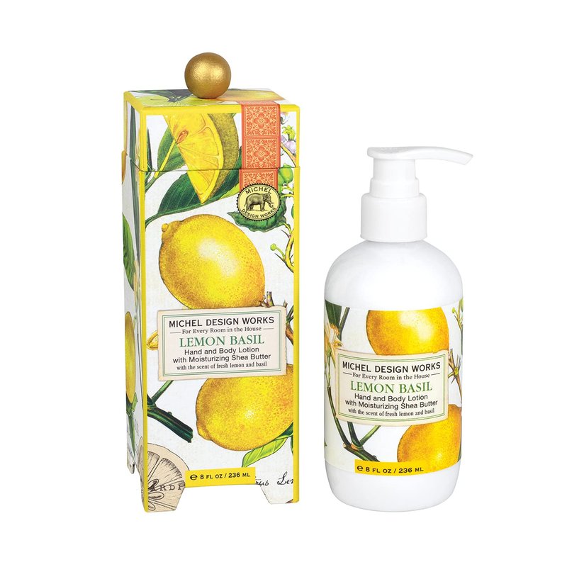 Michel Design Works Hand and Body Lotion 8oz, Lemon Basil Scent and Design, Shea Butter and Aloe Vera Blend, Beautiful Container with Pump