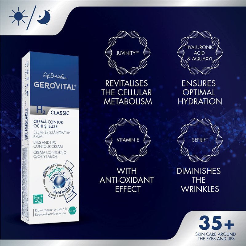 GEROVITAL CLASSIC Anti-wrinkle around Eyes and Lips Lifting Cream with Hyaluronic Acid, Vitamin E and Juvinityβ’ for Dark Circles, Fine Lines & Wrinkles, 15 ml