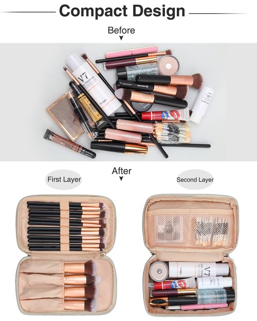 Relavel Travel Makeup Bag, Small Makeup Bag for Women, Makeup Organizer Pouch, Compact Cosmetic Bag, Double-layer Makeup Bag with Brush Holder, Waterproof Makeup Brush Holder (White)