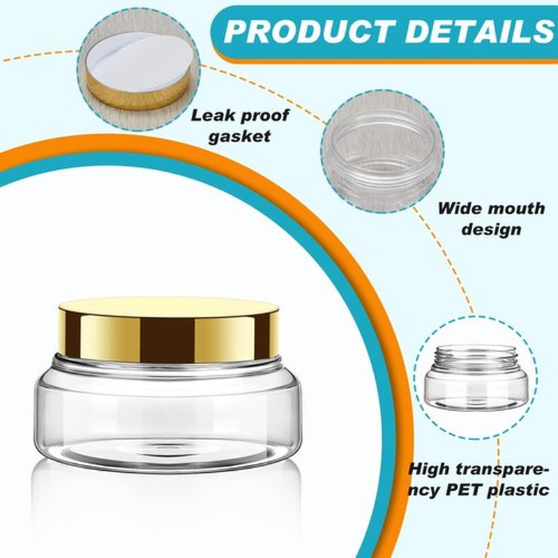 Tessco 24 Pack Plastic Jars with Lids Labels Plastic Containers Round Refillable Cosmetic Containers Empty Body Butter Jars Sugar Scrub Containers for Cosmetics (Gold,5 oz)