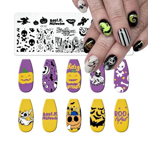 Halloween Nail Stamping Plate Nail Art Stamp Plates Halloween Stamping Plates for Nails, Bone Skeleton Skull Nail Art Stamping Template for Women Girls DIY Salon 1 Pcs