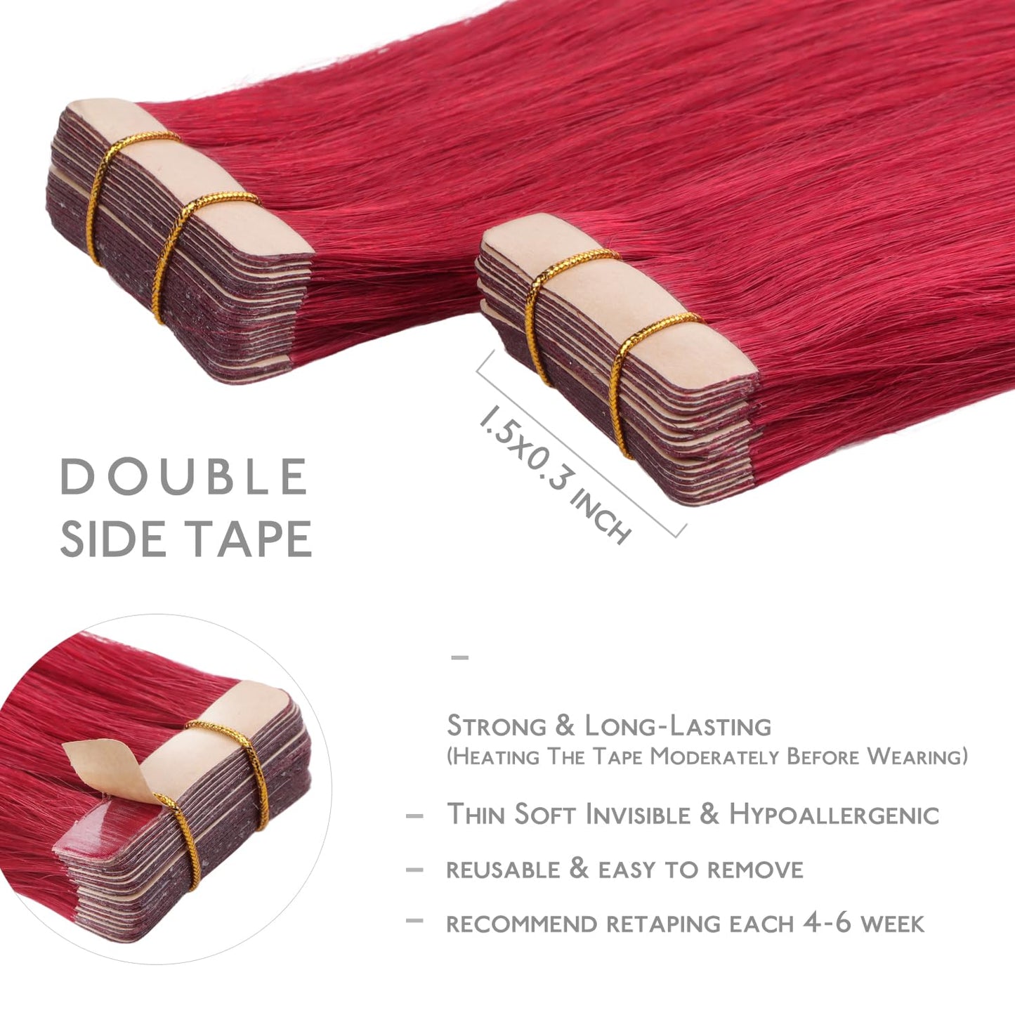 WENNALIFE Tape in Hair Extensions Human Hair, 20pcs 50g 20 inch Red Remy Hair Extensions Straight Human Hair Tape in Extensions Skin Weft Tape Extensions Human Hair