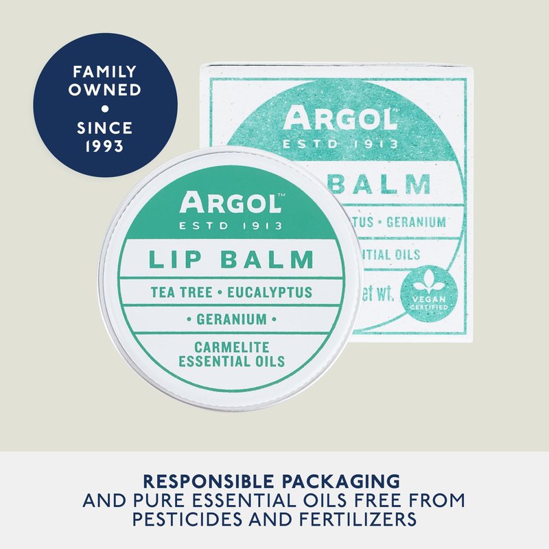 Argol Lip Balm Hydrating - Nourishing Essential Oil Blend with Tea Tree, Eucalyptus, and Geranium - Protects, and Heals Dry, Chapped Lips - Soothing Formula for Sensitive Skin - 0.15 oz