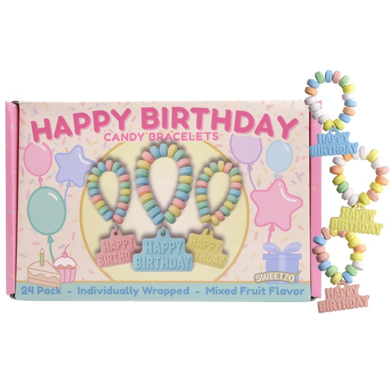 Happy Birthday Candy Bracelets, Individually Wrapped Bulk Party Favors, 24 Pieces Inside, 10.16 Ounces