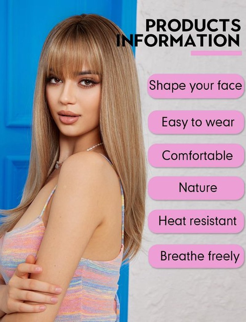 Getshow Ash Blonde Wigs for Women Layered Straight Long Wig with Bangs Natural Synthetic Hair with Dark Roots