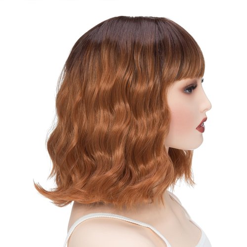 Rose bud Wavy Bob Wig Natural Wig Synthetic Hair Shoulder Length Short Curly Middle Part Lace Front Wigs for Women Ombre Orange