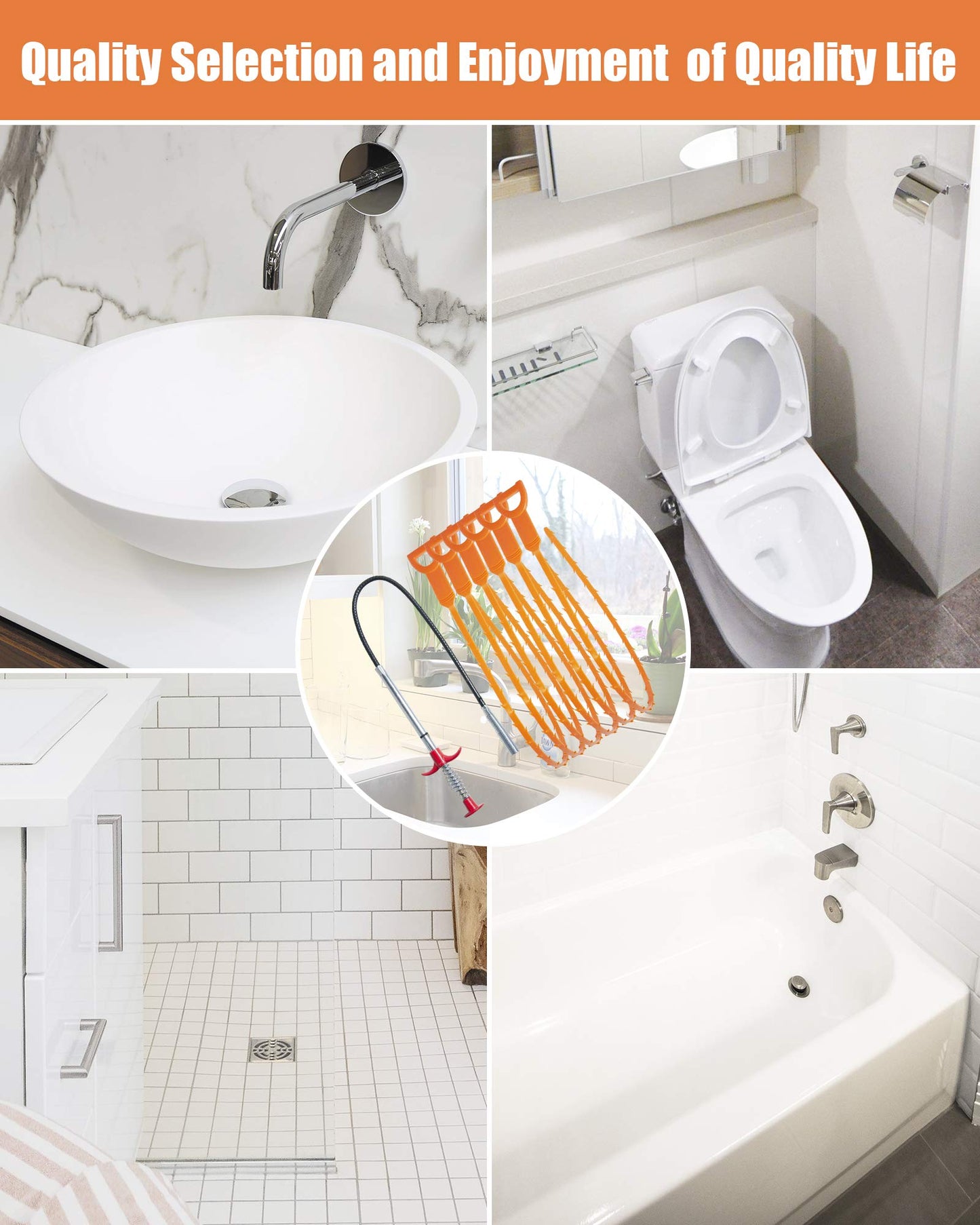 Hair Drain Clog Remover Tool – 6 × 25-Inch Sink Snake + 1 × 24-Inch Drain Cleaner Tool, Plumbing Snake for Shower, Toilet, Kitchen Sink & Tub – 7-Piece Hair Removal Tool Set