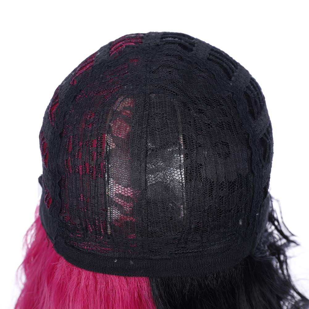 PATTNIUM Black Pink Wig Two Color Wig Short Curly Black Pink Wig With Bangs Half Black Pink Split Wig for Women Heat Resistant Synthetic Hair Cosplay Party Wig (Black and Hot Pink)