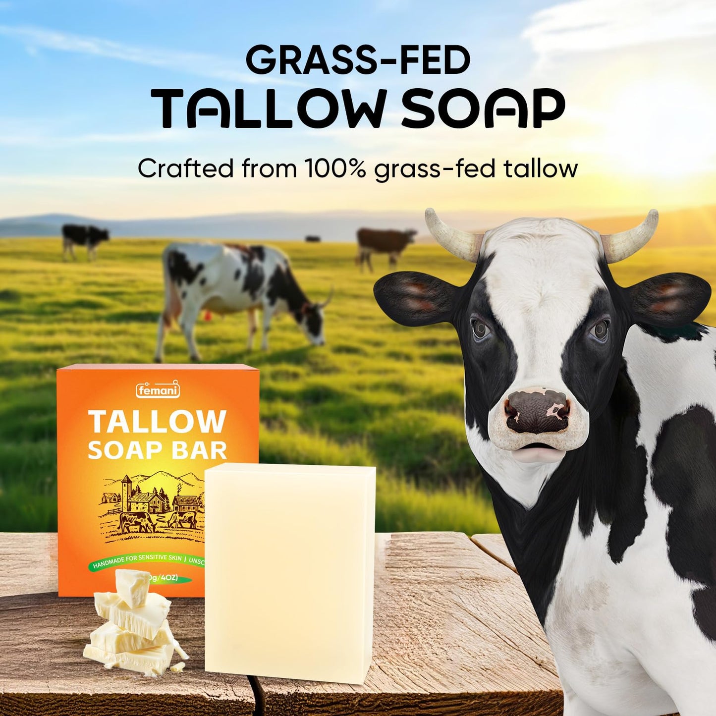 femani Beef Tallow Soap Bar - All Natural and Organic Grass Fed Tallow Soap Unscented - Moisturizes, Soothes, Hydrates Face & Body Wash Great for Itchy, Dry, Sensitive Skin, 4 oz