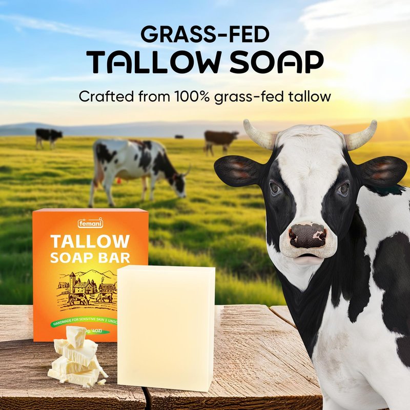 femani Beef Tallow Soap Bar - All Natural and Organic Grass Fed Tallow Soap Unscented - Moisturizes, Soothes, Hydrates Face & Body Wash Great for Itchy, Dry, Sensitive Skin, 4 oz