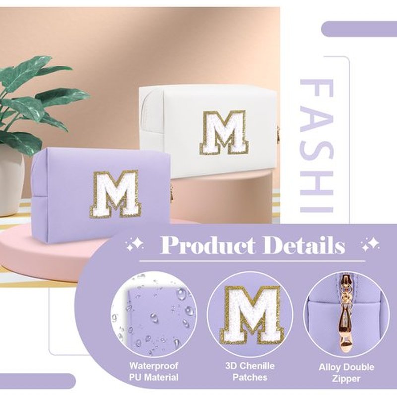 Personalized Makeup Bag Initial A-Z Preppy Patch Bag,Small PU Leather Travel Cosmetic Bag Pouch with Zipper,Purple Cute Toiletry Bag,Gift Ideal for Teen Girls Women Birthday Friend Mom,Latter M