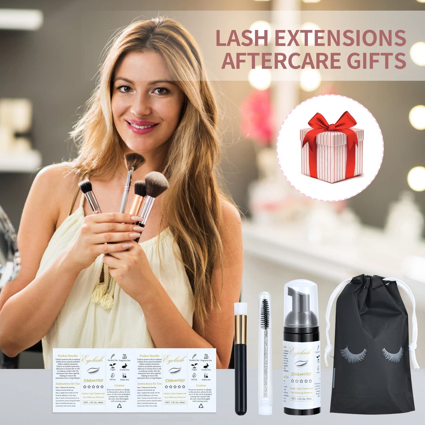 Tannova 100 Pcs Lash Shampoo Bottle Brushes Set 20 Empty Foam Pump Dispensers 20 Label Stickers 20 Mascara Wands and Tubes 20 Cleansing Brush 20 Bag for Eyelash Extensions Aftercare(Black)