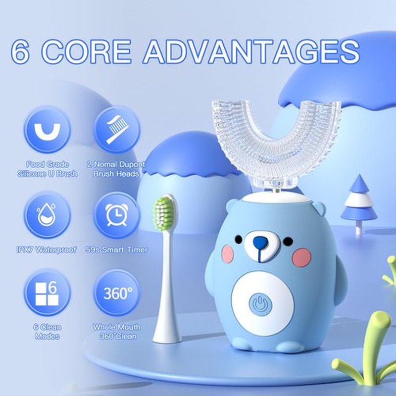 PVOGRT Kids Electric U Shaped Toothbrush, Childrens Toothbrush with 6 Soft Brush Heads Automatic Sonic Toothbrush Rechargeable with 6 Cleaning Modes - (Age2-7 Blue)